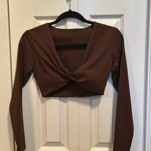 Womens Twist Front Long Sleeve Crop Top - Brown